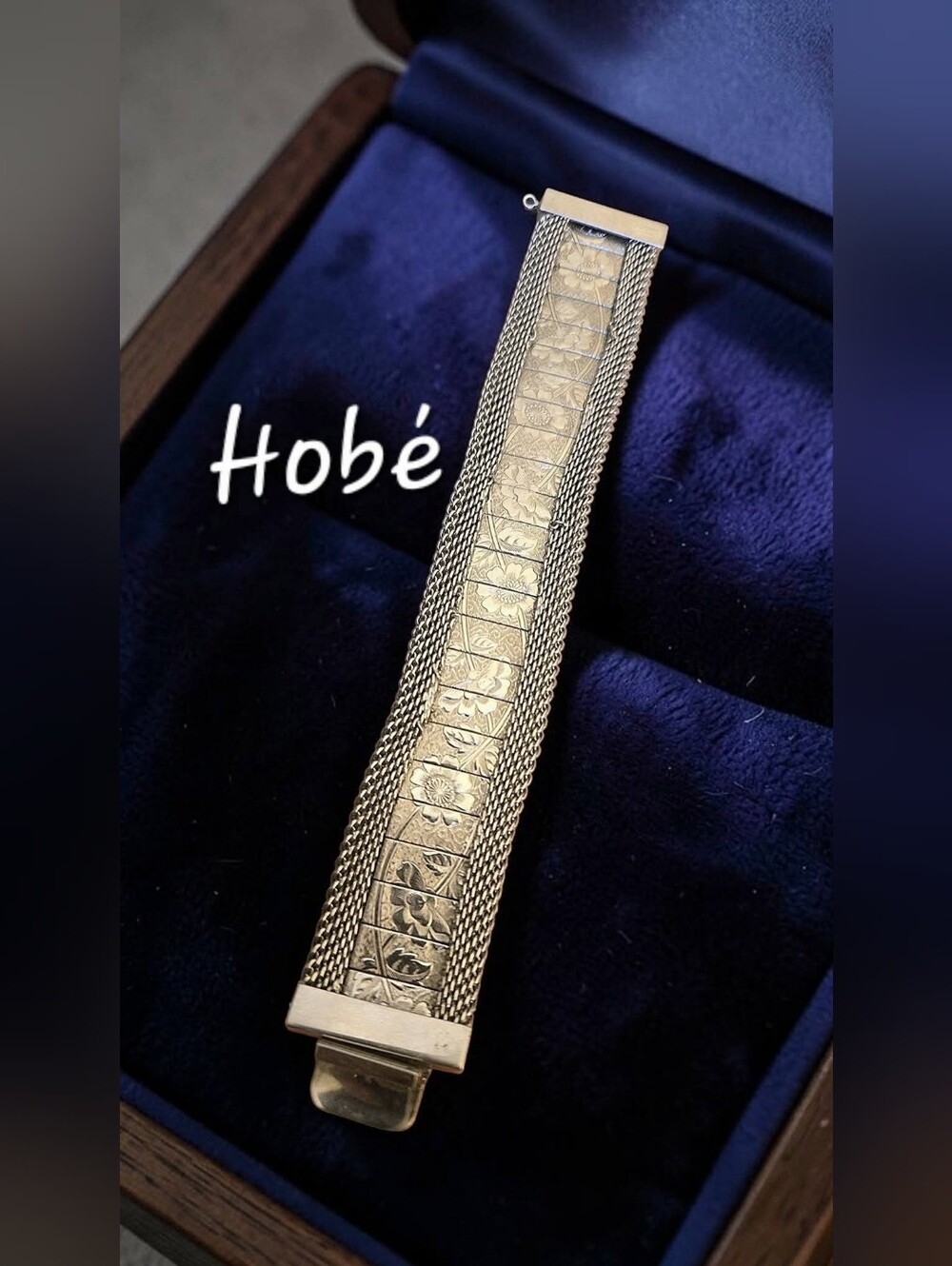 Vintage Signed Hobé Wide Silver Mesh Floral Etched Statement Bracelet